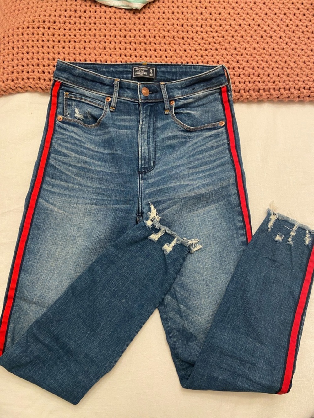 Abercrombie & Fitch Blue Skinny Jeans with Red Side Stripe